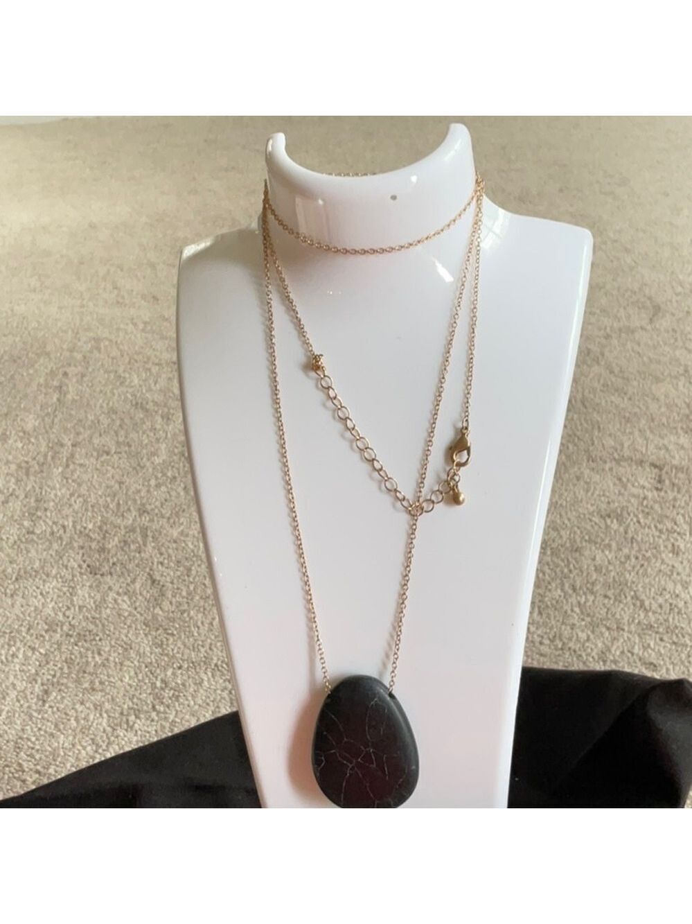 Black Stone Statement Necklace Long Gold Tone
